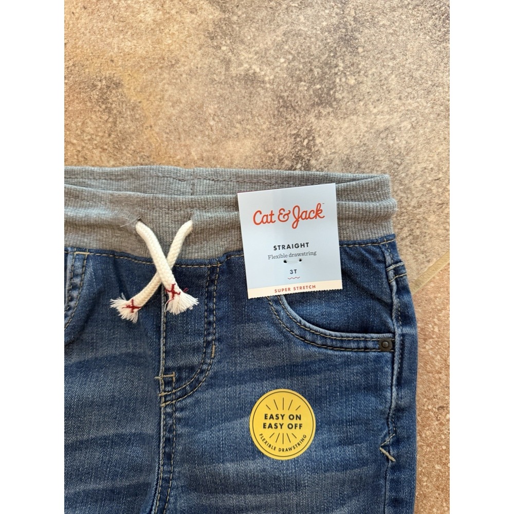 Cat & Jack Boys' Super Stretch Blue Jeans Straight Flexible Drawstring Size 3T - Picture 2 of 5